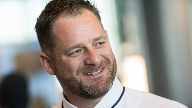 Nov 10, 2023; Cleveland, OH, USA; Cleveland Guardians manager Stephen Vogt talks to the media during an introductory press conference at Progressive Field.